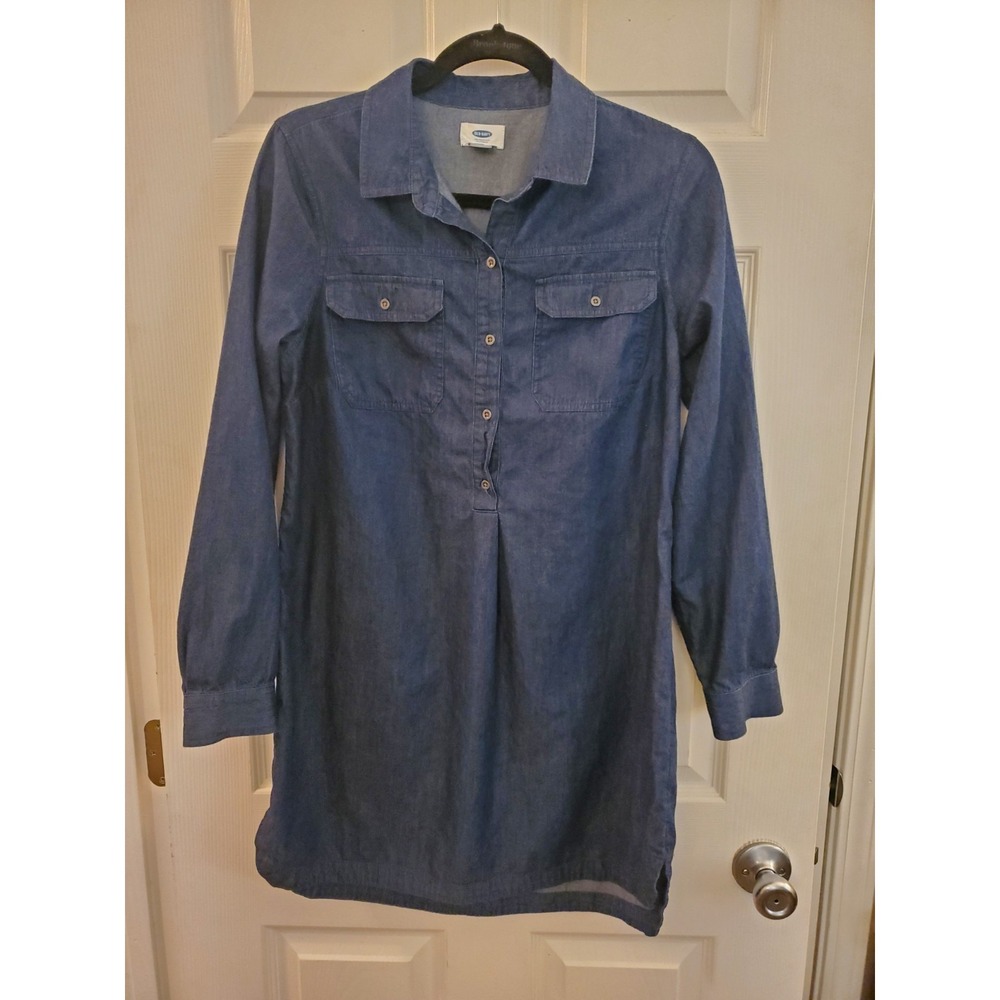 Old Navy Shirt Dress Chambray 100% Cotton Long Slv sz M Pockets Western Preppy